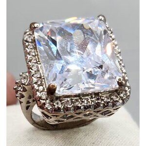 Silver Tone Band With 5ct Crystal Stone Prong Set Ring - 6.5